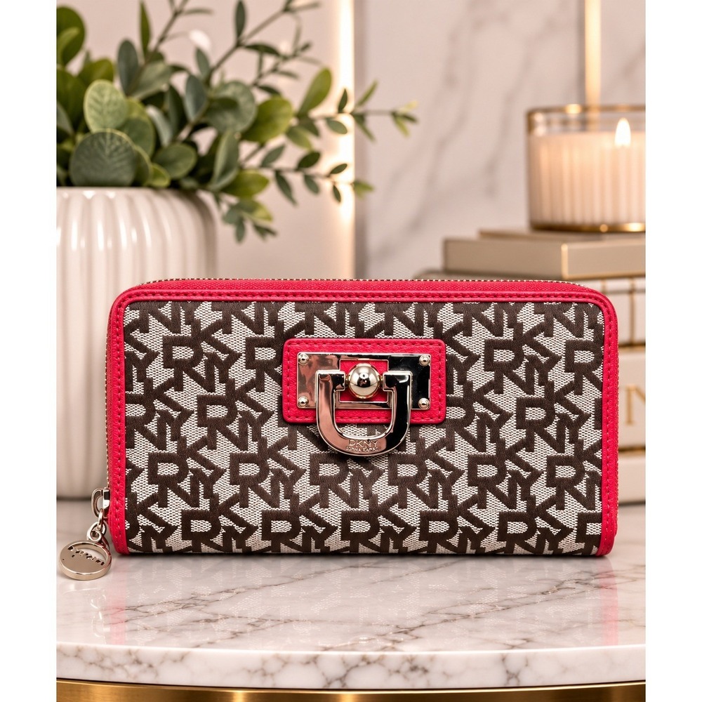 DKNY Donna Karan New York Logo Zip Around Wallet Red Brown